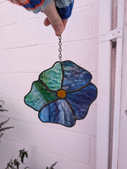 Rippled Blue and Gold Flower Suncatcher